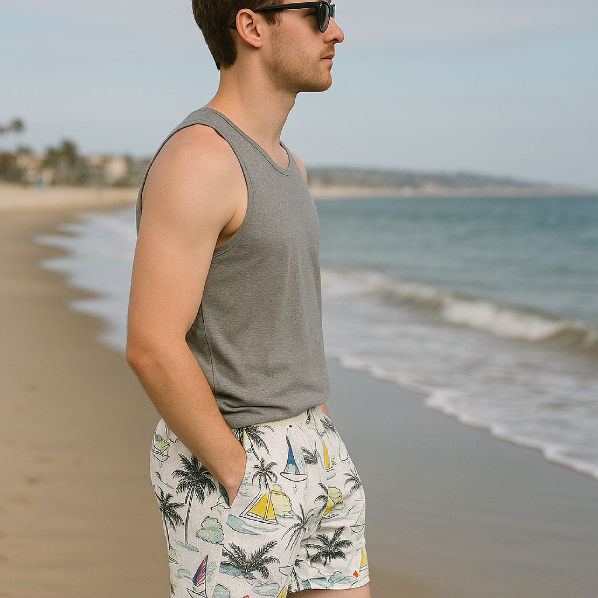 RF Wear Men's Mesh Sail Boats Shorts White/Multicolor - Model Side View