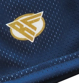Close-up of RF-Wear Men's Mesh Shamrock Shorts in Navy with RF logo