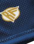 Close-up of RF-Wear Men's Mesh Shamrock Shorts in Navy with RF logo