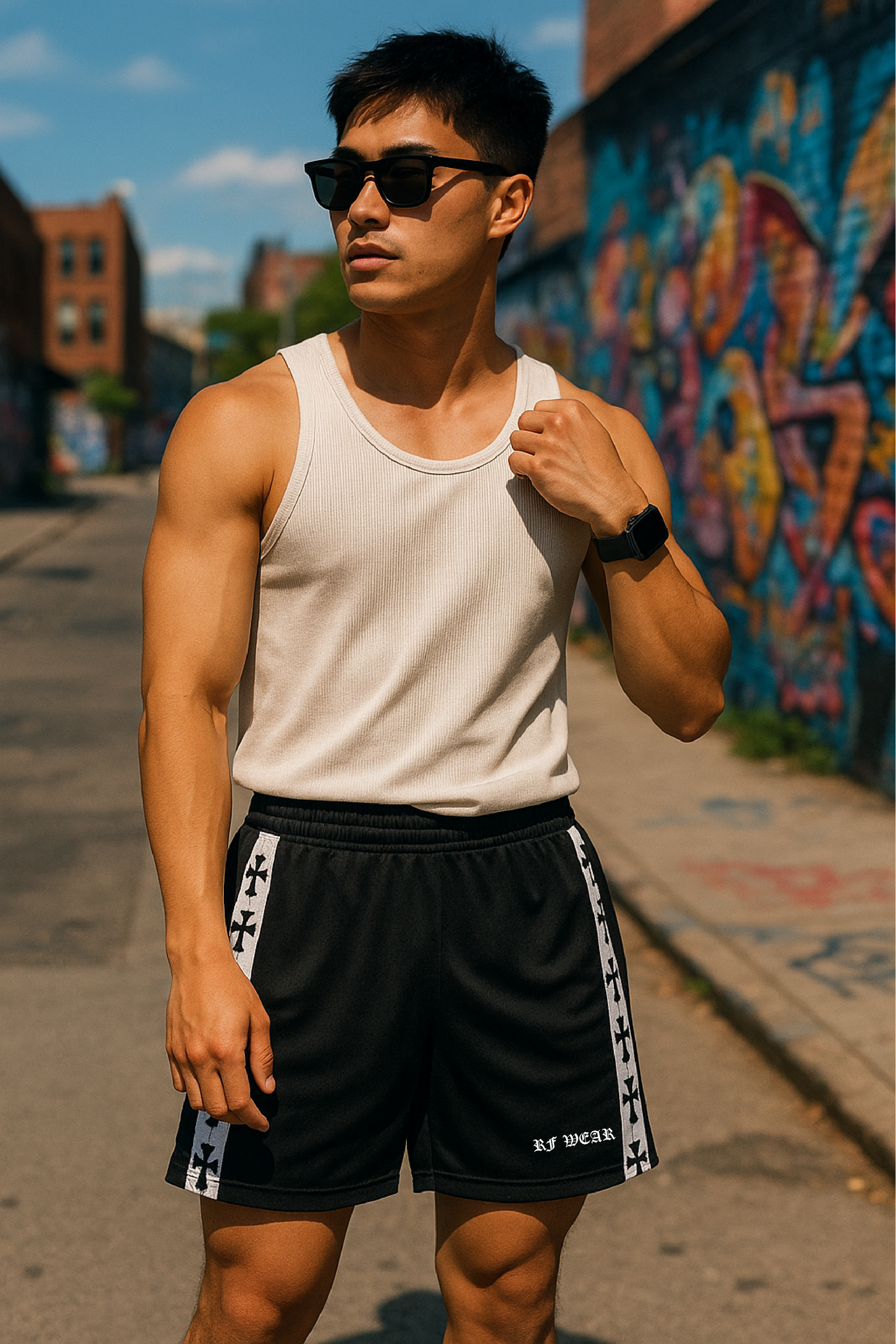 Man standing on street with graffiti in background wearing a white tank top and RF-Wear side trim cross shorts in black/white.