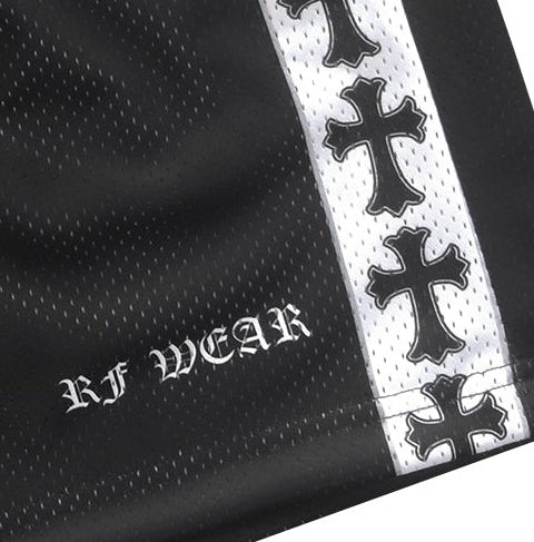 Close-up of RF-Wear Men's Mesh Cross Trim Shorts - black with white cross trim with logo.