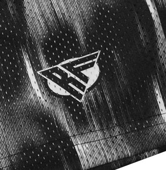 Close-up of RF-Wear Men's Mesh Skull Shorts  in Black/Grey with RF logo