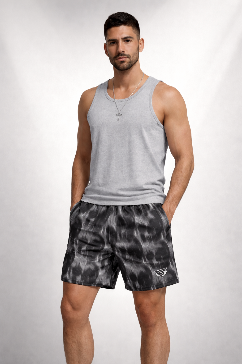 Man wearing a grey tank top and RF-Wear Men's Mesh Skull Shorts  in Black/Grey 