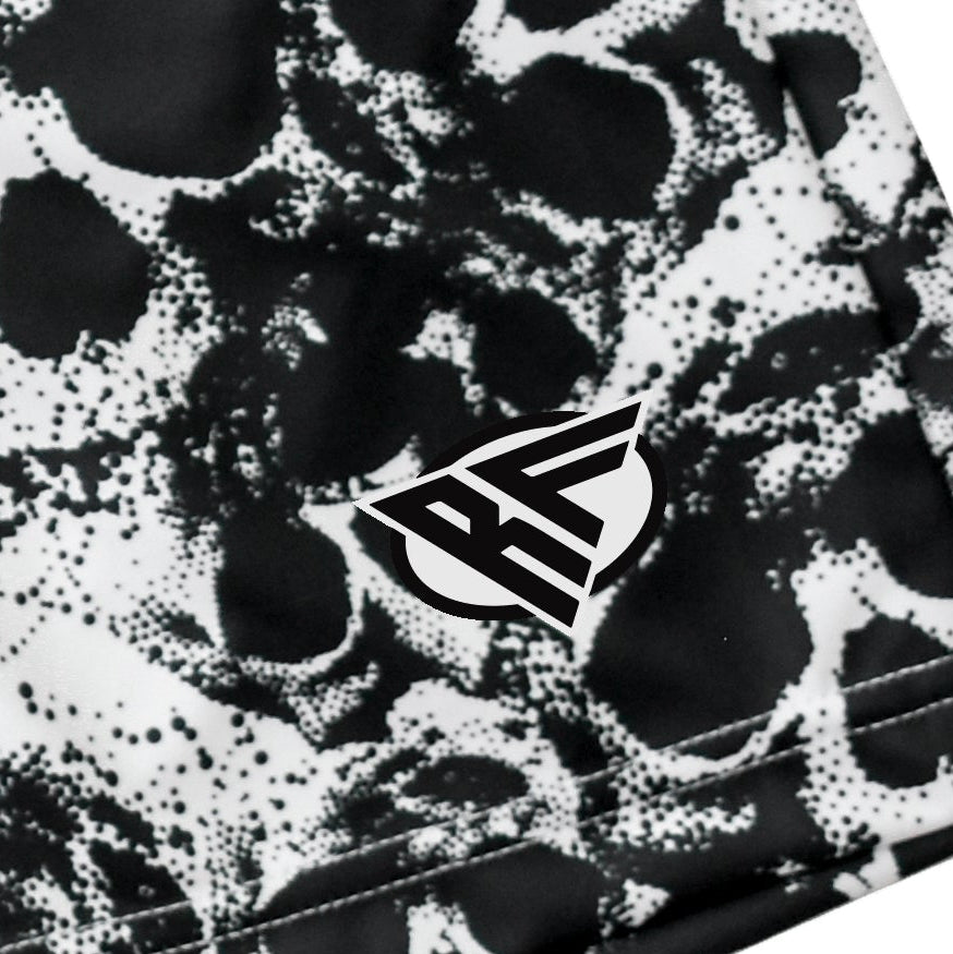 Close-up of RF-Wear Men's Mesh Skull Shorts in Black/White  with RF logo