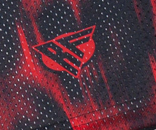 Close-up of RF-Wear Men's Mesh Skull Shorts in Black/Red with RF logo