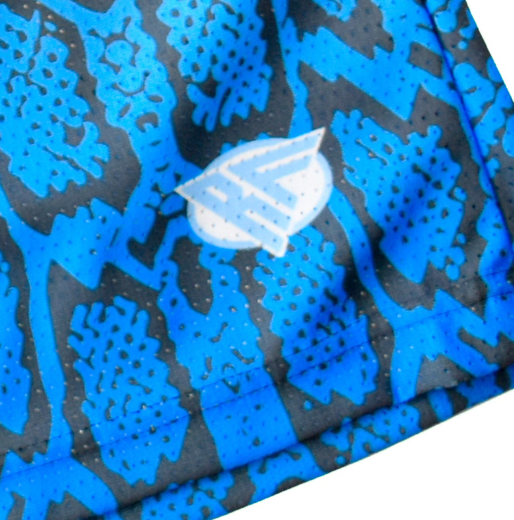 Close-up of RF-Wear Men's Mesh Snakeskin Shorts in Blue with RF logo