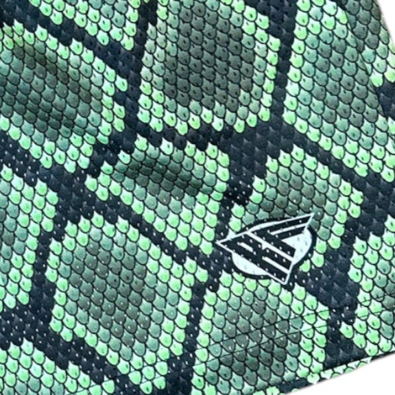 Close-up of RF-Wear Men's Mesh Snakeskin Shorts in Green with RF logo