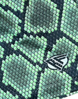 Close-up of RF-Wear Men's Mesh Snakeskin Shorts in Green with RF logo