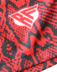 Close-up of RF-Wear Men's Mesh Snakeskin Shorts in Red with RF logo