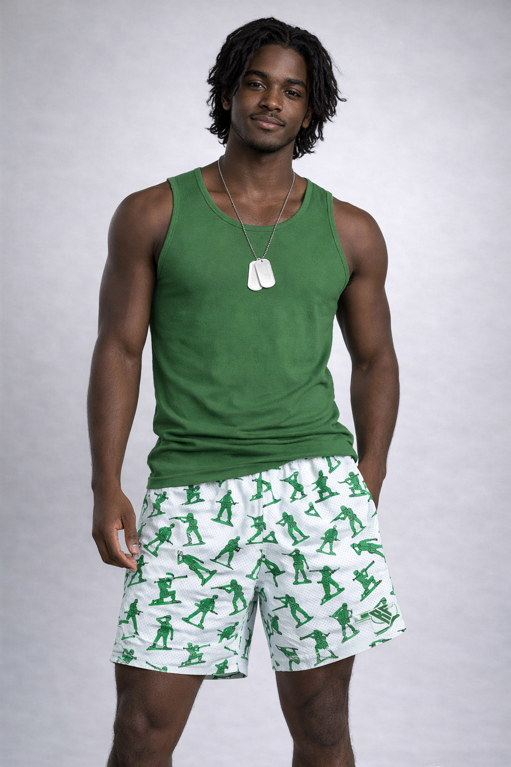 Man wearing a green tank top and  RF-Wear Men's Mesh Soldier Shorts in White/Green