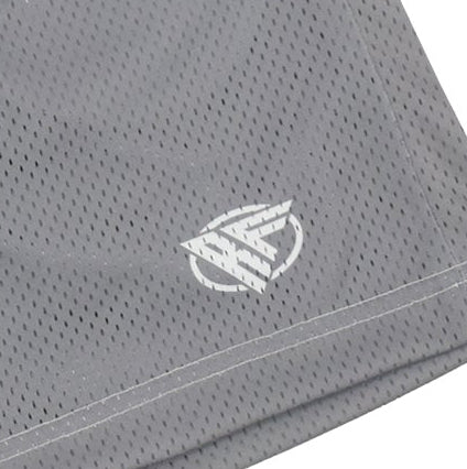 Close-up of RF-Wear Men's Mesh Solid Color Shorts in Grey with RF logo