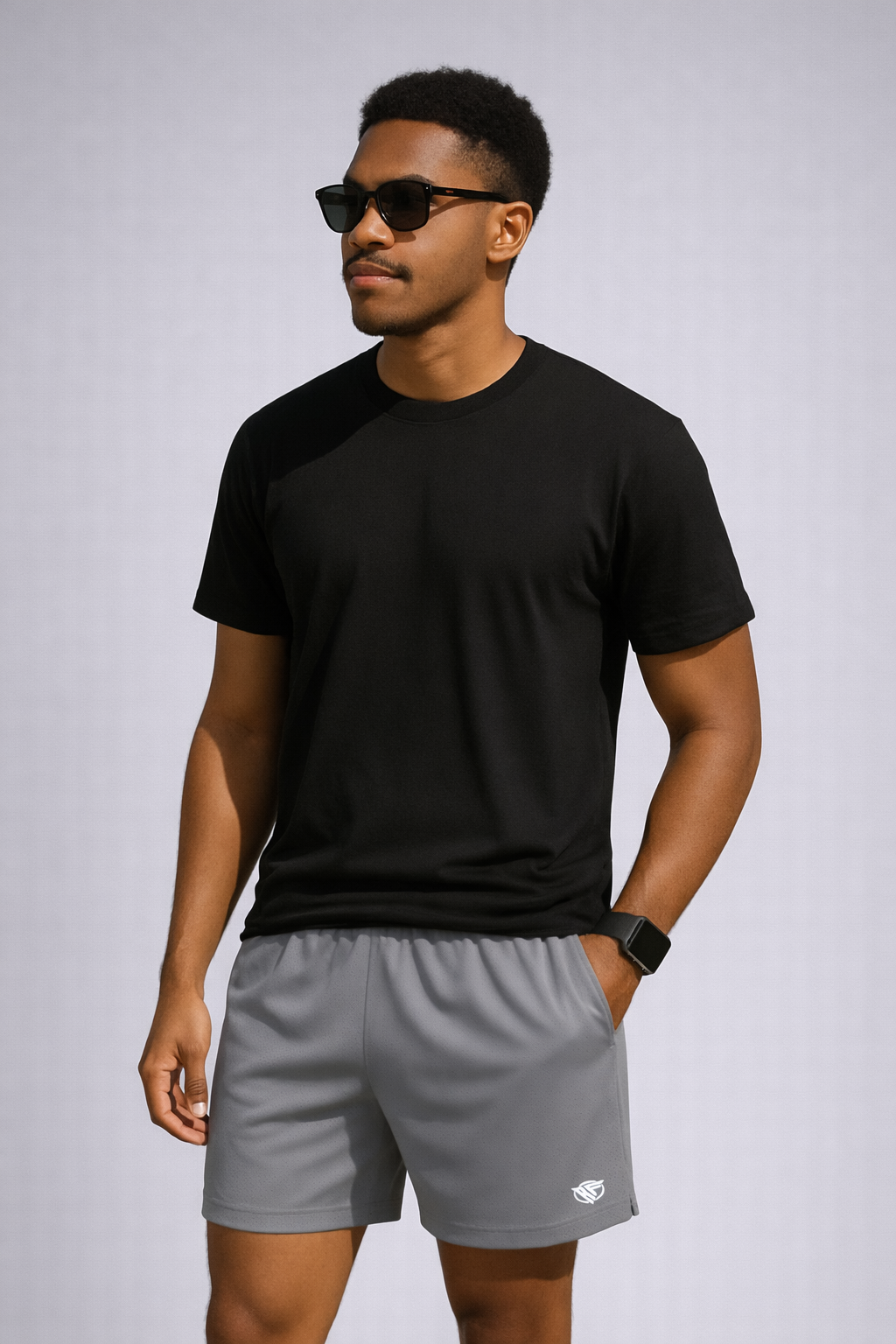 Man wearing a black t-shirt and RF-Wear Men's Mesh Solid Color Shorts in Grey