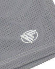 Close-up of RF-Wear Men's Mesh Solid Color Shorts in Grey with RF logo