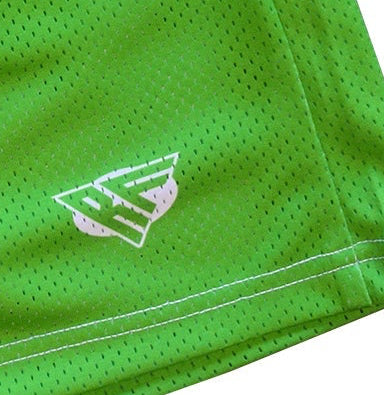 Close-up of RF-Wear Men's Mesh Solid Color Shorts in Lime Green with RF logo