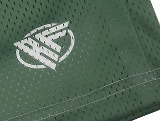 Close-up of RF-Wear Men's Mesh Solid Color Shorts in Military-Green with RF logo