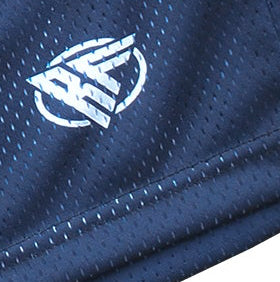 Close-up of RF-Wear Men's Mesh Solid Color Shorts in Navy with RF logo