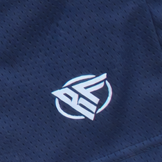 Close-up of RF-Wear Men's Mesh Solid Color Shorts in Navy with RF logo