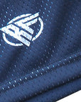 Close-up of RF-Wear Men's Mesh Solid Color Shorts in Navy with RF logo