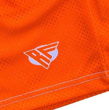 Close-up of RF-Wear Men's Mesh Solid Color Shorts in Orange with RF logo