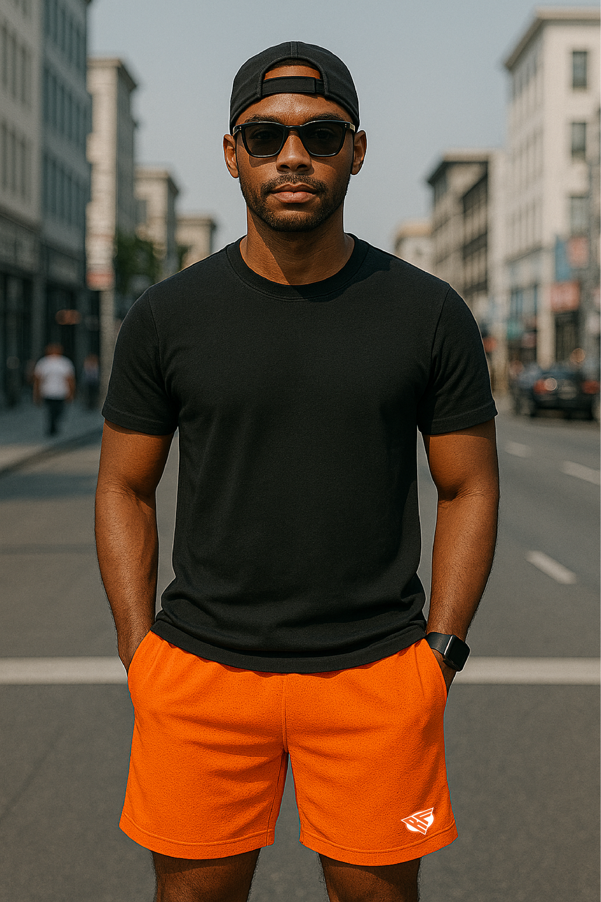 Man wearing a black t-shirt and RF-Wear Men's Mesh Solid Color Shorts in Orange
