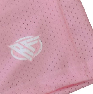 Clos-up of RF-Wear Men's Mesh Solid Color Shorts in Pink with RF logo