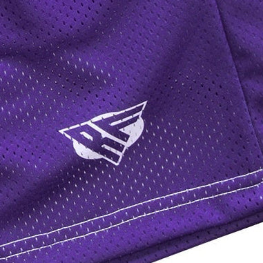 Close-up of RF-Wear Men's Mesh Solid Color Shorts in Purple with RF logo