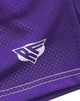 Close-up of RF-Wear Men's Mesh Solid Color Shorts in Purple with RF logo