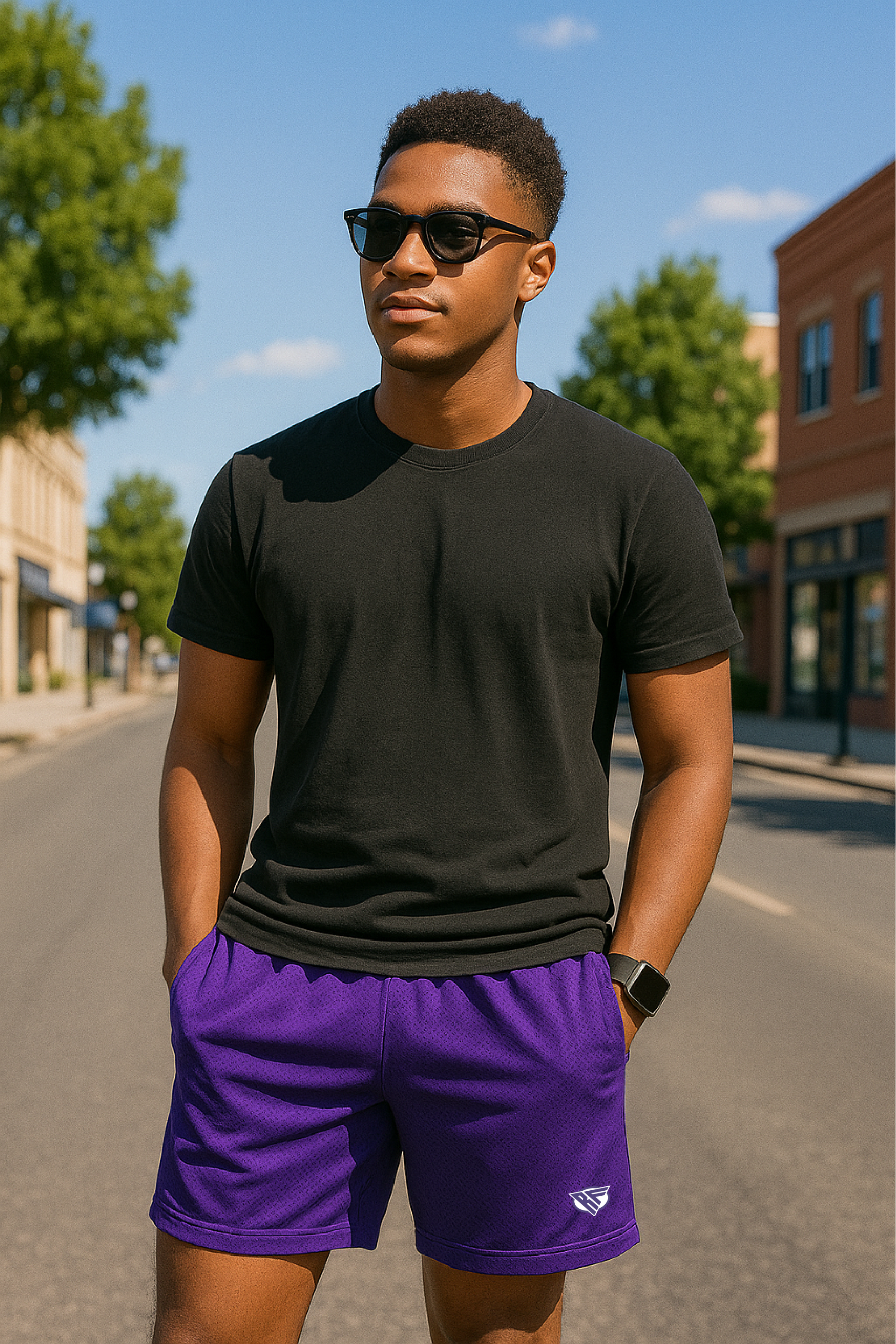 Man wearing a black t-shirt and RF-Wear Men's Mesh Solid Color Shorts in Purple
