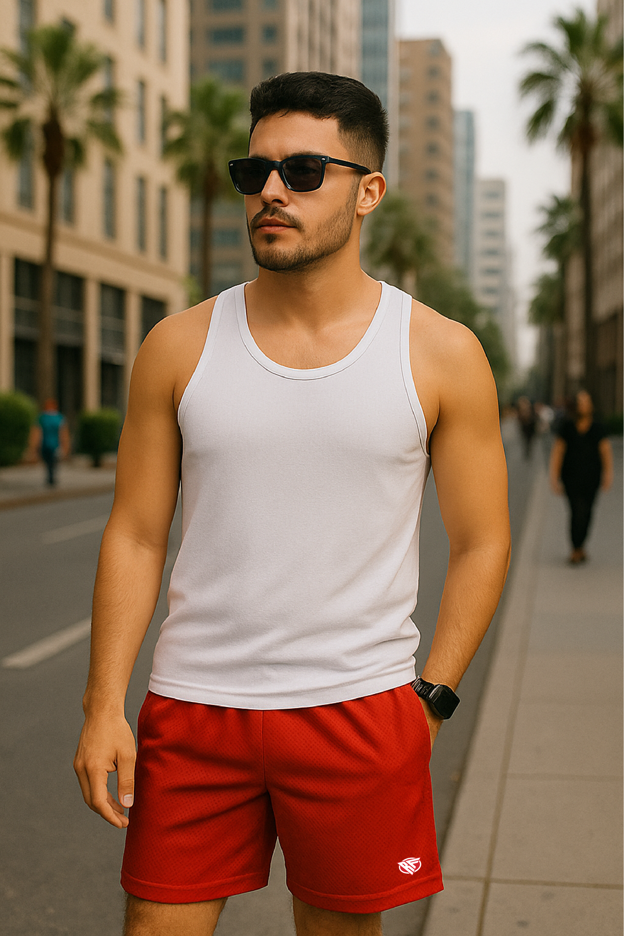 Man wearing white tank top and RF-Wear Men's Mesh Solid Color Shorts in Red