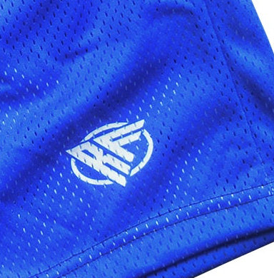 Close-up of RF-Wear Men's Mesh Solid Color Shorts in Royal-Blue with RF logo