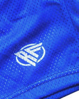 Close-up of RF-Wear Men's Mesh Solid Color Shorts in Royal-Blue with RF logo