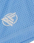 Close-up of RF-Wear Men's Mesh Solid Color Shorts in Sky-Blue with RF logo