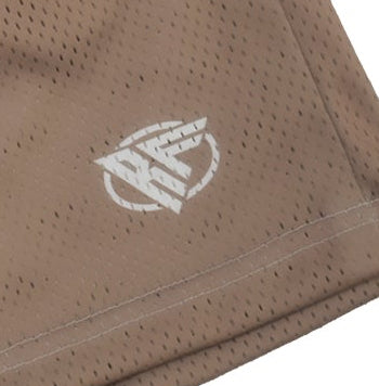 Close-up of RF-Wear Men's Mesh Solid Color Shorts in Tan