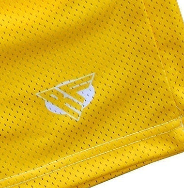 Close-up of RF-Wear Men's Mesh Solid Color  Shorts in Yellow with RF logo