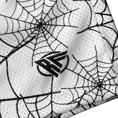 Close-up of RF-Wear Men's Mesh Spider Web Shorts in White with RF logo