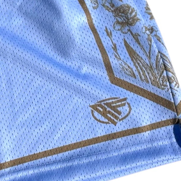 Close-up of RF-Wear Men's Mesh Split Porcelain on the Side Shorts in Blue-Finch/Incense with RF logo
