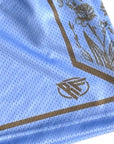 Close-up of RF-Wear Men's Mesh Split Porcelain on the Side Shorts in Blue-Finch/Incense with RF logo