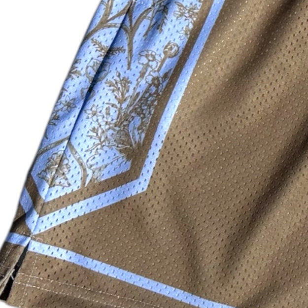 Close-up of RF-Wear Men's Mesh Split Porcelain on the Side Shorts in Blue-Finch/Incense