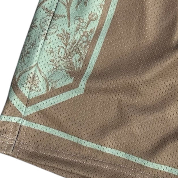 Close-up of RF-Wear Men's Mesh Split  Porcelain on the Side Shorts in Seacrest/Incense