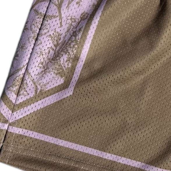 Close-up of RF-Wear Men's Mesh Split Porcelain on the Side Shorts in Pink-Lilac/Incense