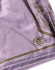 Close-up of RF-Wear Men's Mesh Split Porcelain on the Side Shorts in Pink-Lilac/Incense with RF logo