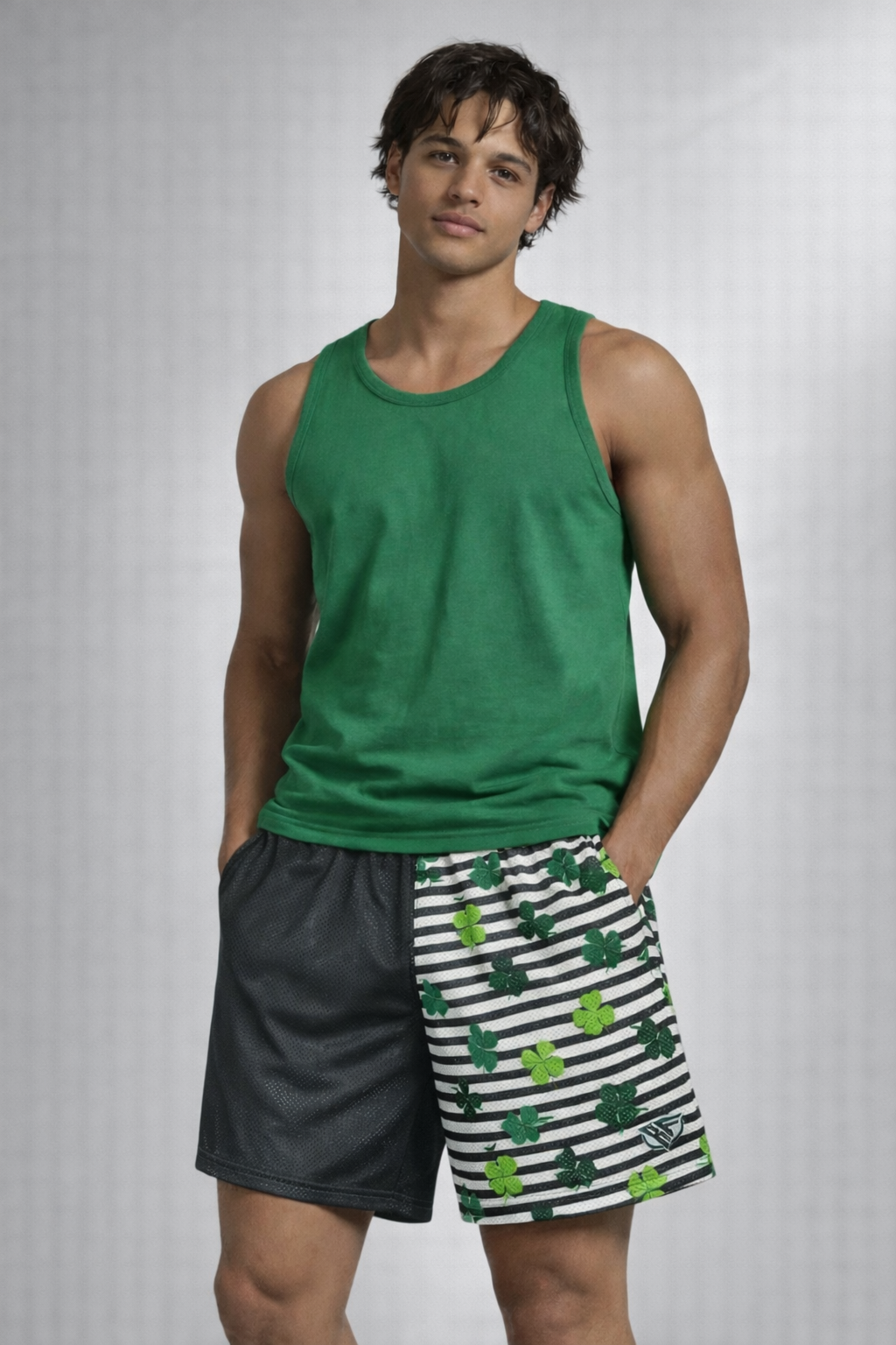 Man wearing a green tank top and RF-Wear Men's Mesh Split Shamrock Shorts in Black/Green