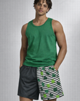 Man wearing a green tank top and RF-Wear Men's Mesh Split Shamrock Shorts in Black/Green