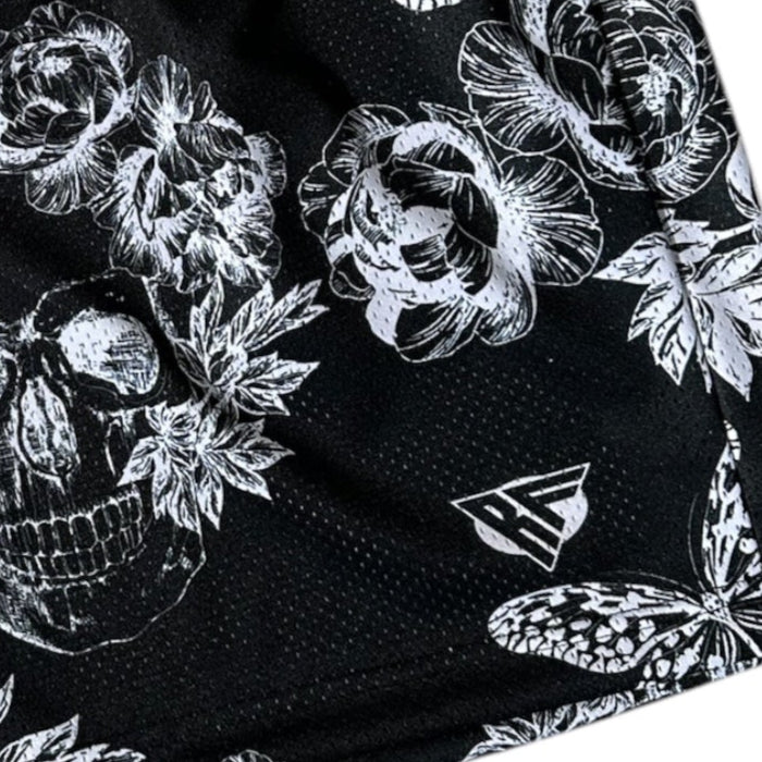 Close-up of RF-Wear Men's Mesh Split Skull Shorts in Black/White with RF logo
