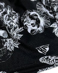 Close-up of RF-Wear Men's Mesh Split Skull Shorts in Black/White with RF logo