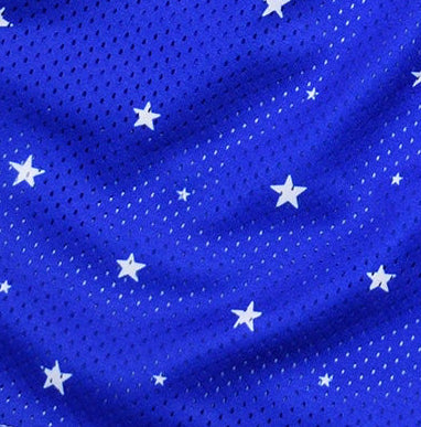 Close-up of RF-Wear Men's Mesh Star Shorts in Blue with White Stars