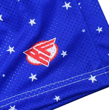 Close-up of RF-Wear Men's Mesh Star Shorts in Blue with White Stars with RF logo