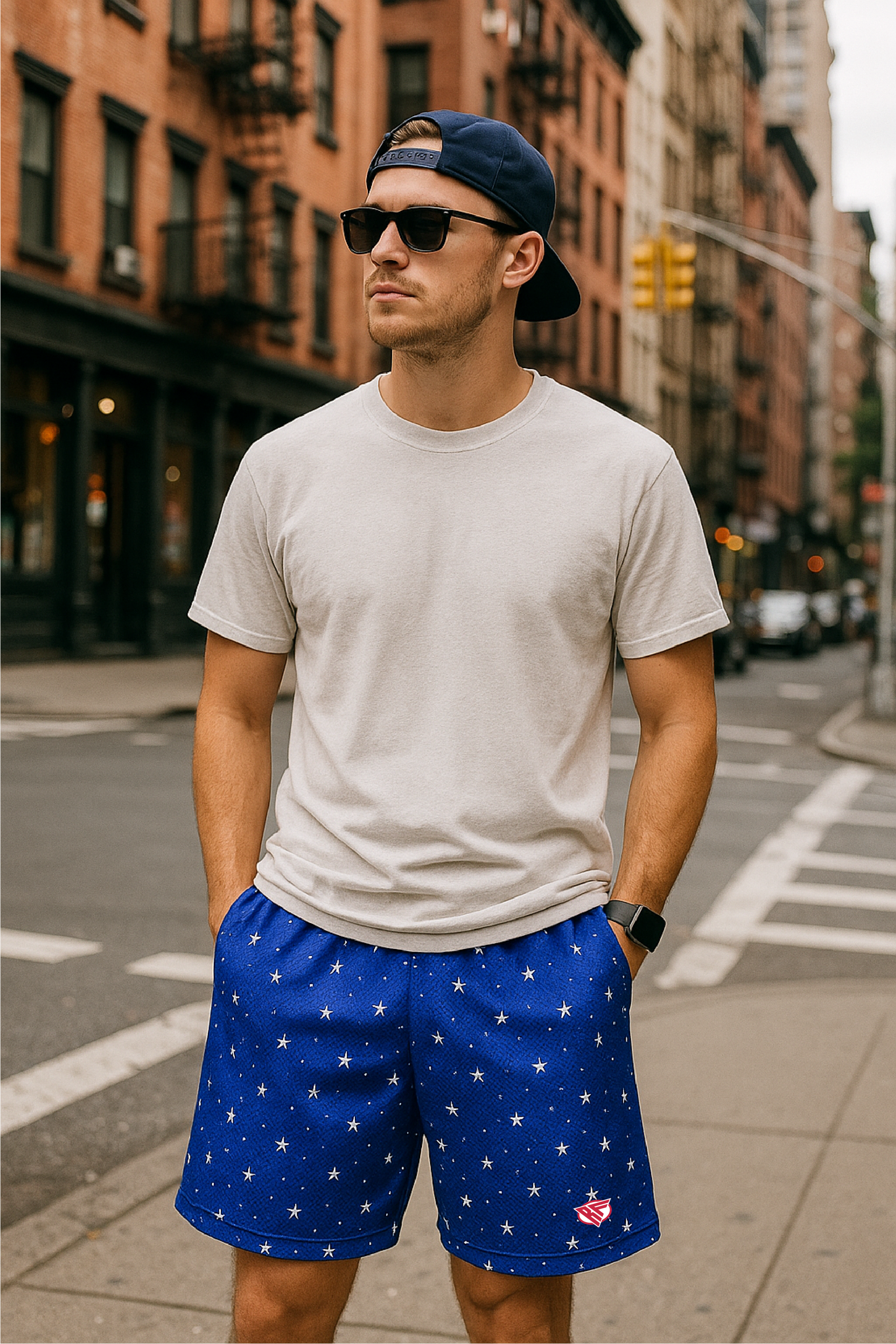 Man wearing a white t-shirt and RF-Wear Men's Mesh Star Shorts in Blue with White Stars 