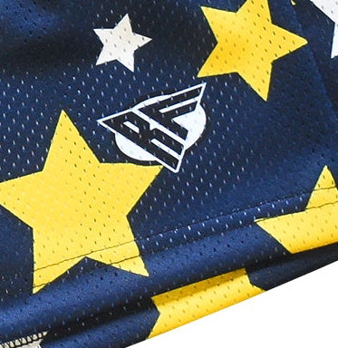 Close-up of RF-Wear Men's mesh shorts in navy color with a pattern of yellow and white stars with RF logo