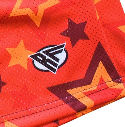 Close-up of RF-Wear Men's Mesh Star Shorts in Red/Orange with RF logo